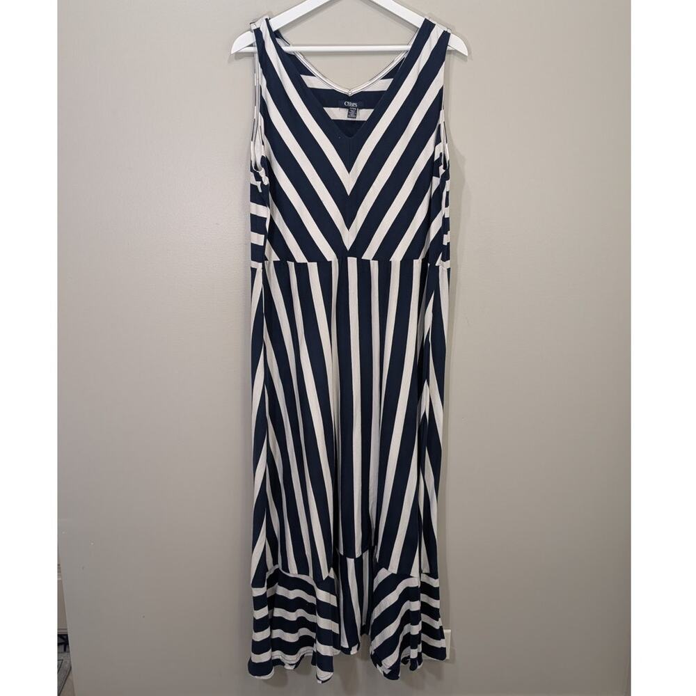 Chaps Maxi Dress 1X Plus Navy White Striped Sleeveless Pocket Nautical Coastal